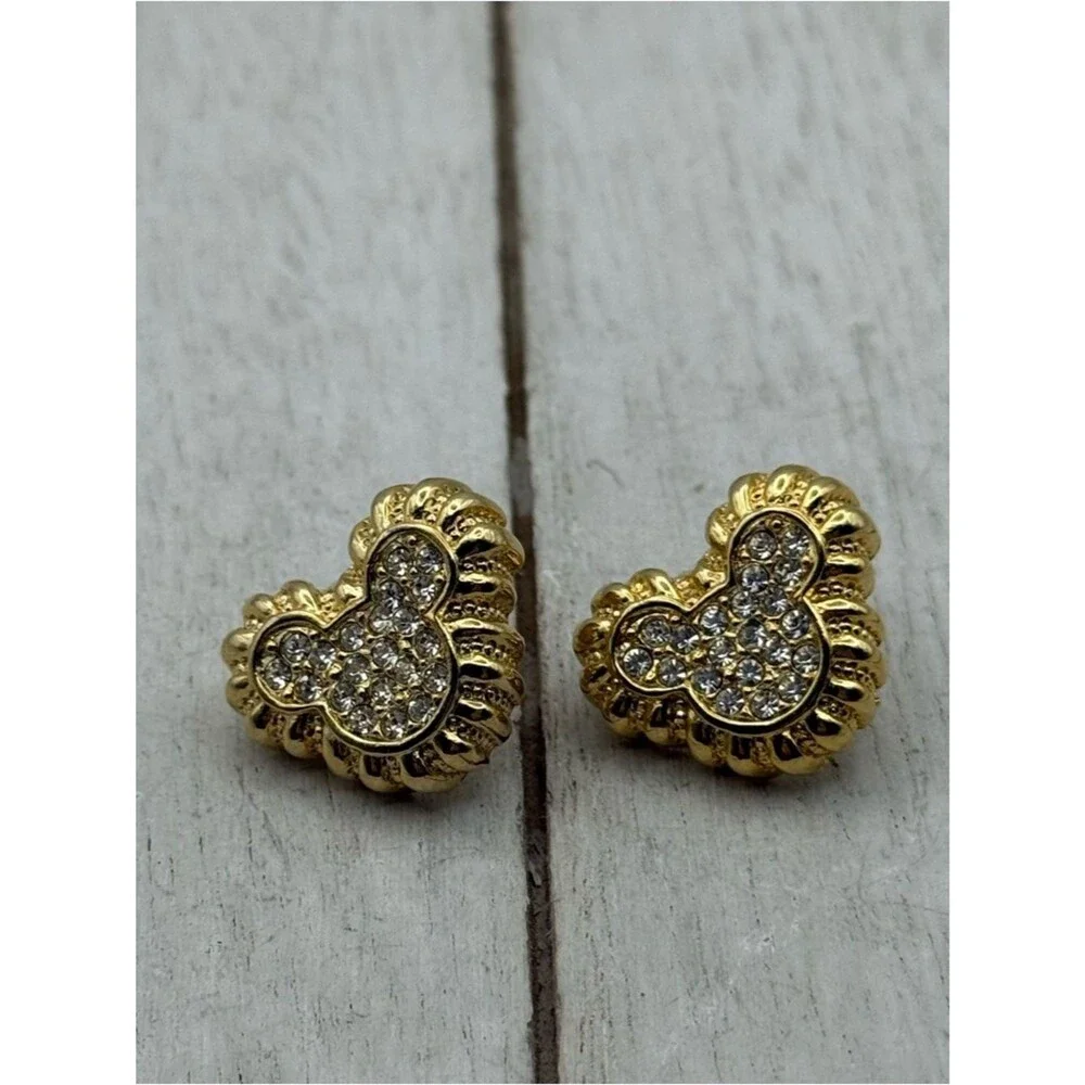 Disney Mickey Mouse Head Gold Tone Earrings w Rhinestones, Pierced